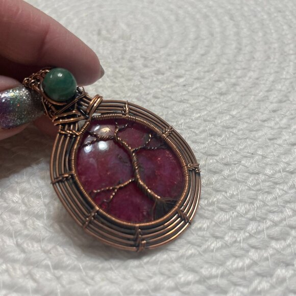 Gorgeous PINK SOLAR AGATE & JADE Handmade COPPER WIRE-WRAPPED Pendant/Chain 177D - Picture 1 of 3